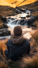 Wall Mural - A person is seated by a flowing river, surrounded by tall grass and rocks, as the sun sets, casting a warm glow over the tranquil scene