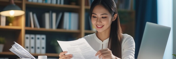 Poster - A focused business professional reviews important documents in a vibrant, modern office designed for productivity and collaboration, showcasing ambition and a commitment to success