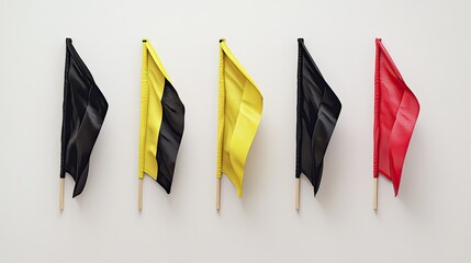 Poster - Row of Colorful Flags Displaying Black, Yellow, and Red against Plain Background for Creative Projects, Concepts of Identity, Meaning, and Culture