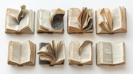 Poster - Unique Art Display of Opened and Torn Books in a Creative Arrangement Showcasing the Beauty of Literature and the Passage of Time through Textured Pages
