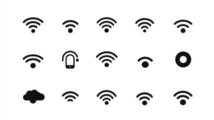 Poster - Diverse Set of Wi-Fi and Connectivity Icons Representing Signal Strength, Devices, and Cloud Technology for Digital Communication Themes