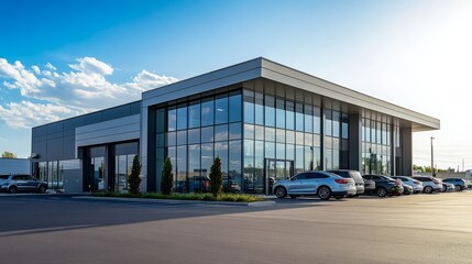 Fototapete - A modern car service building with a sleek, industrial exterior, parked service vehicles, and a clean parking lot under a sunny sky