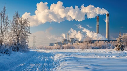 Poster - Emissions control implementation modern power plant industrial facility winter landscape wide angle view environmental sustainability strategies