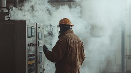 Poster - Industrial worker monitoring emissions scrubber system in a factory industrial environment closeup view emission control technology