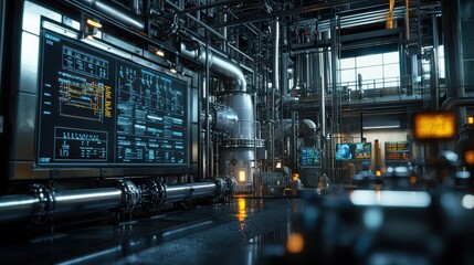 Poster - Industrial process monitoring in a chemical plant high-tech environment control room overview efficient gas recovery system modern technology insights