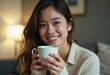 © franxxlin_studio - Young asian woman relaxing in the living room with coffee, holding coffee cup, close-up looking at camera