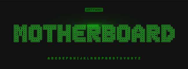 Aufkleber - Green pixelated alphabet, cybernetic letters, Y2K retro font for digital modern logo, emphasis headline, contemporary typography, circuirity typographic design. Vector typeset.