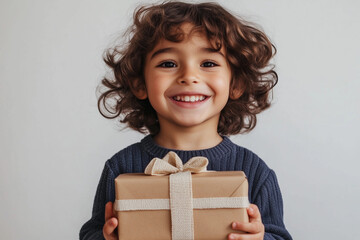 a happy child holds a gift in his hands, smiles and looks at the camera