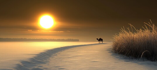 Wall Mural - Solitary Silhouette A Lone Camel Journeys Across a Vast, Snow-Covered Landscape at Sunset