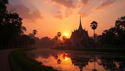 Wall Mural -  Tranquil sunset over serene temple pond