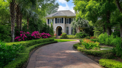 Poster - A brick pathway surrounded by greenery leading to a classic home with symmetrical windows