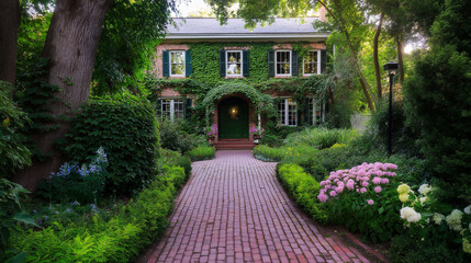 Poster - A brick pathway surrounded by greenery leading to a classic home with symmetrical windows