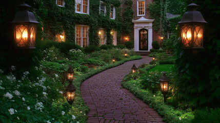 Poster - Garden with Brick Walkway, Ivy-Covered Walls, and Lanterns