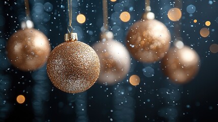 Poster - Enchanting night sky with cascading golden ornaments rich navy background showcases shimmering baubles creating magical holiday atmosphere with elegant simplicity. 8k photo