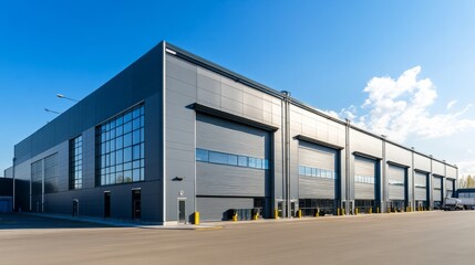Fototapete - A modern warehouse building exterior with large roller doors, surrounded by a clean parking lot under a bright blue sky 
