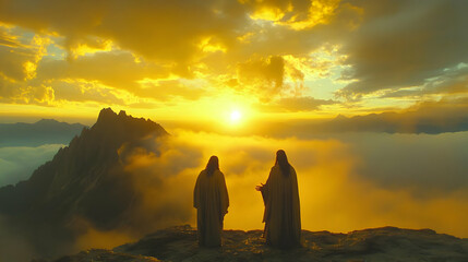 Wall Mural - Two Figures on Mountaintop at Sunset - Realistic Image