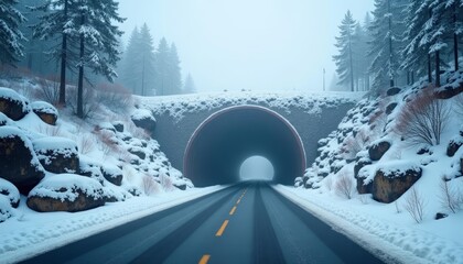 Wall Mural -  Winding road through a snowy mountain tunnel