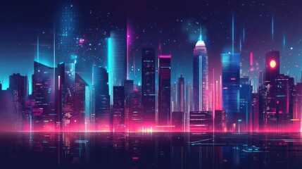 Wall Mural - A vibrant, futuristic city skyline illuminated by neon lights and digital effects at night.