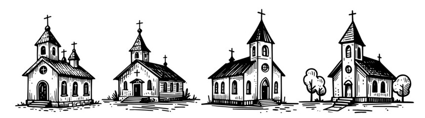 Wall Mural - vintage church illustrations set – black vector sketch of historical chapels