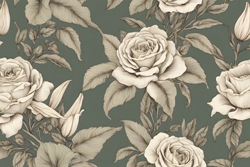 Wall Mural - Vintage botanical floral pattern with hand sketched roses lilies and foliage in muted green, Ai Generated