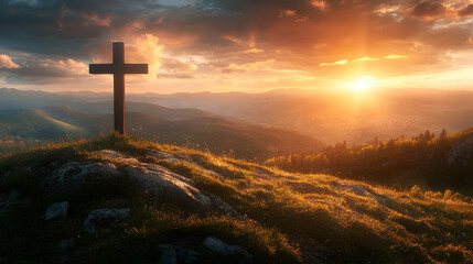 Wall Mural - Cross on Hilltop Sunset Realistic Image