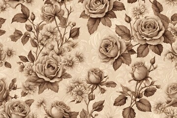 Wall Mural - Vintage seamless floral pattern with intricate roses daisies and leaves in sepia tones, Ai Generated