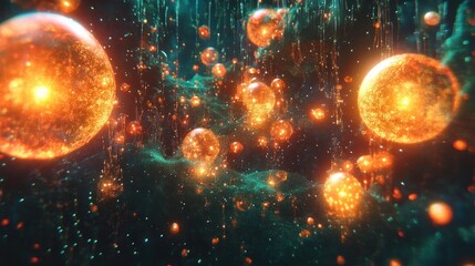 Wall Mural - Abstract glowing spheres and particles on a dark green background.
