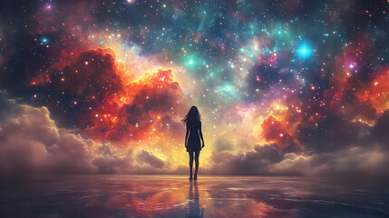Wall Mural - Woman Silhouette in Starry Night Sky Illustration