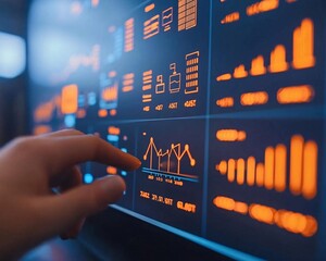 Poster - A close-up of a person's hand interacting with a digital data dashboard, showcasing vibrant analytics on a screen.