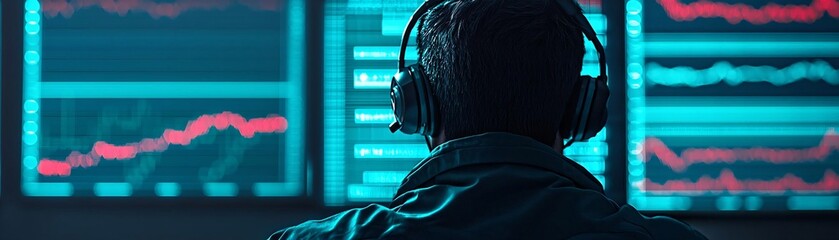 Poster - A focused individual analyzing data on multiple screens with headphones in a modern tech workspace.