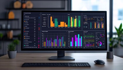 Poster - A modern workspace featuring a computer monitor displaying colorful data visualizations and insights.