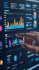 Poster - A person's hand interacting with a digital dashboard displaying analytics and statistics on a screen.