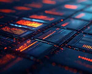 Poster - Close-up view of intricate microchips with glowing patterns, symbolizing advanced technology and innovation.