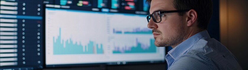 Poster - Focused businessman analyzing graphs on screens at work, showcasing modern technology in the corporate environment.