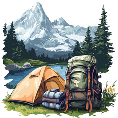 camping tent and backpack on the background of mountains. vector illustration.eps