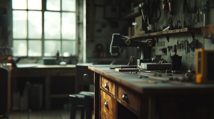Aufkleber - A cluttered workshop with a sewing machine on a wooden desk