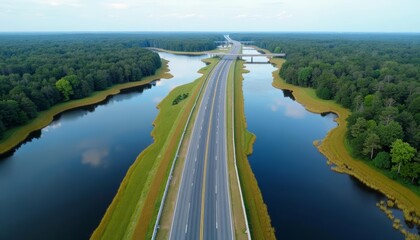 Sticker -  Scenic highway crossing serene river surrounded by lush forest