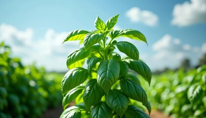 Wall Mural -  Vibrant basil plant in a field ready for harvest