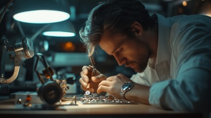 Aufkleber - A man is working on a watch, using a magnifying glass to look at the tiny parts