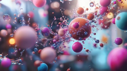 Poster - Vibrant abstract spheres in motion with dynamic colors and fluid splashes of water.