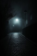 Wall Mural - A dark alleyway with a street lamp in the middle. The street is wet and the light is dim