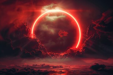 Wall Mural - circle the globe. red neon light circle with magical glow in dark fantastic landscape