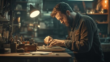 Poster - A man is working on a piece of jewelry in a dimly lit room