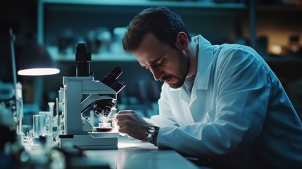 Aufkleber - A man in a lab coat is looking through a microscope