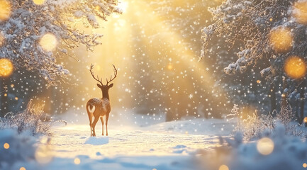 Aufkleber - A lone deer stands in a snowy forest, bathed in the warm glow of the winter sun. The snow falls softly around it, creating a magical atmosphere