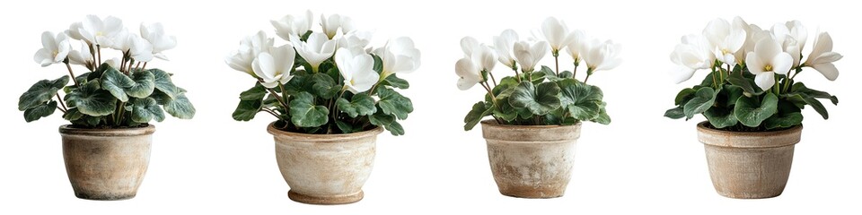 Wall Mural - Blooming White Cyclamen Plant In Rustic Clay Pot Isolated on Transparent Background