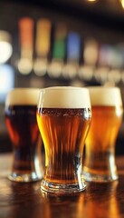 Three Glasses of Diverse Draft Beer, Refreshing and Flavorful Delights On Bar Counter