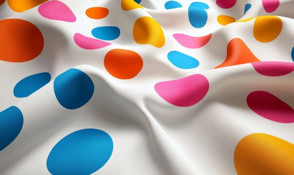 3D polka dot fabric pattern with large, playful dots in various colors on a white background, cheerful and fun