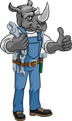 Wall Mural - A rhino cartoon animal mascot plumber, mechanic or handyman builder construction maintenance contractor holding a spanner or wrench and giving a thumbs up