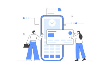 Poster - Payment methods. Characters paying with credit card online by electronic bank transfer. Flat Cartoon Vector Illustration, icon. Stylish, Minimalist Abstract
